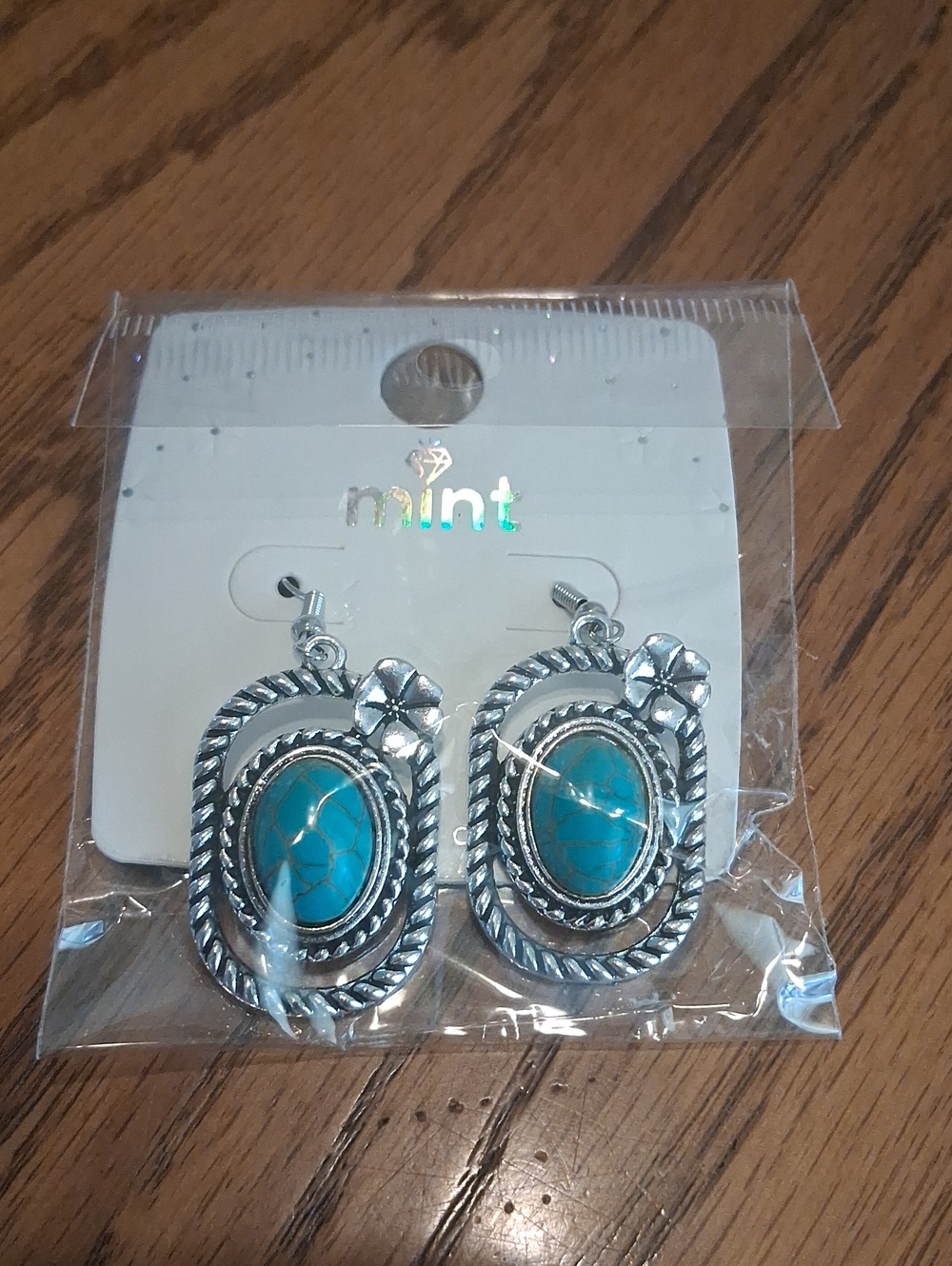 Mint Silver-Tone Turquoise Oval Drop Earrings with Rope Detail